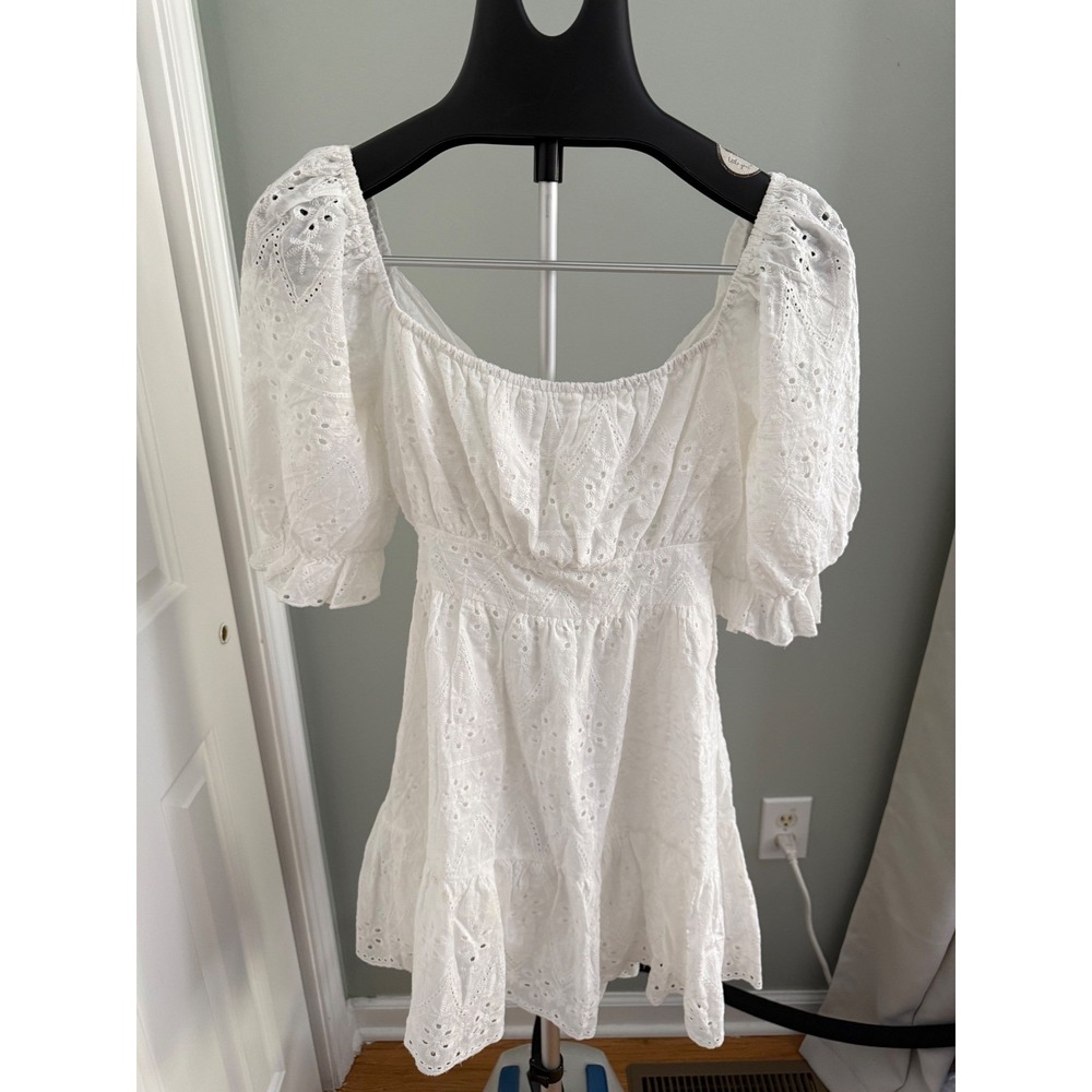 HYFVE White Eyelet Cotton Mini Dress Puff Sleeve Tie Back Cottagecore Size S